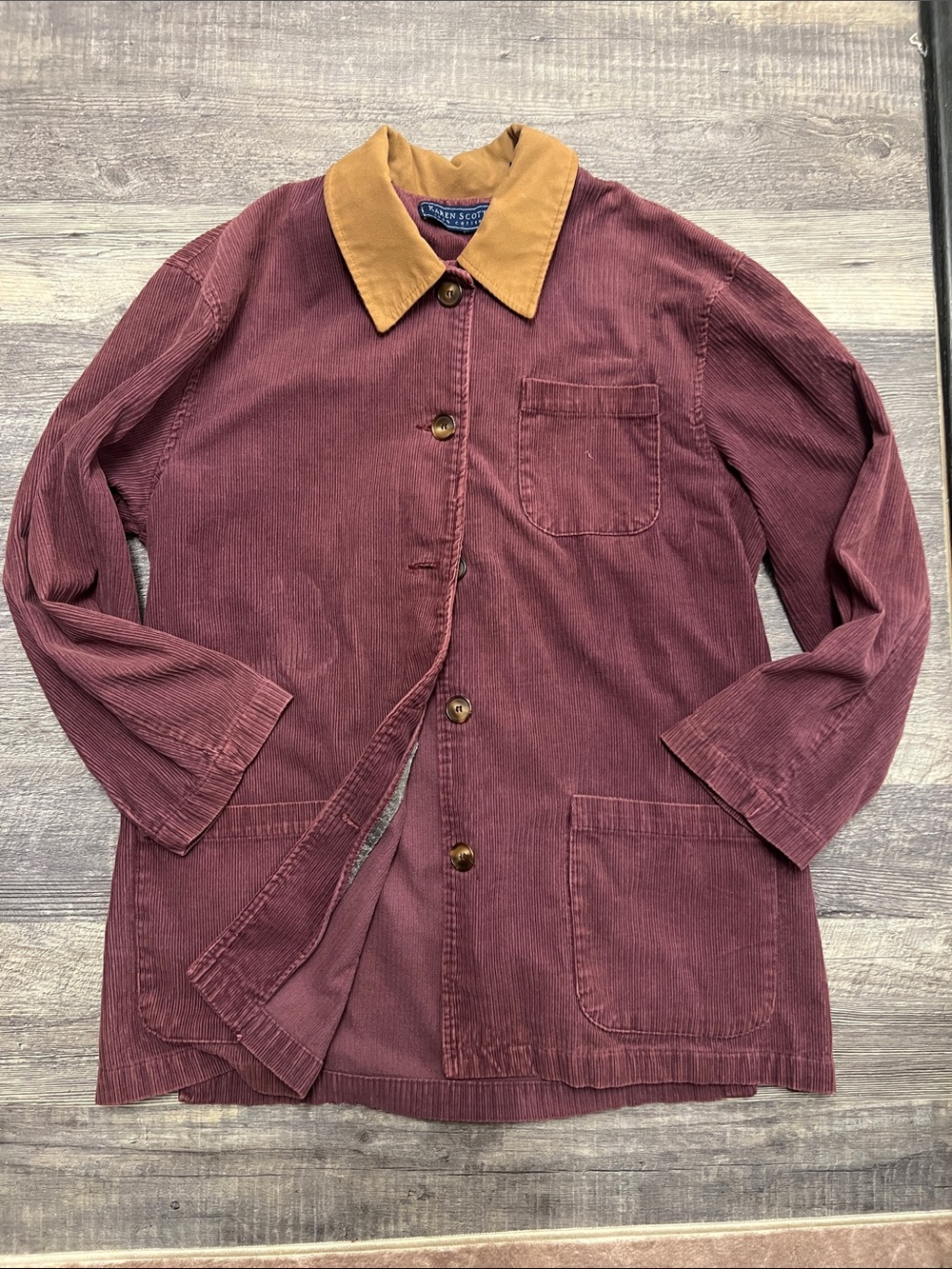 Karen Scott 100% Cotton Barn Jacket in Burgandy/Plum with Tan Collar